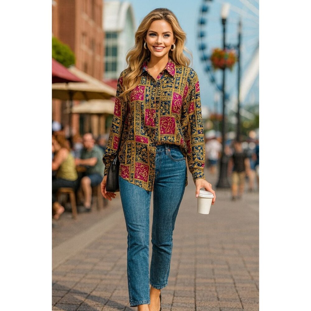 Anna And Frank Medium Vintage Multicolor All Silk Button Down Long Sleeve Shirt - Picture 1 of 11